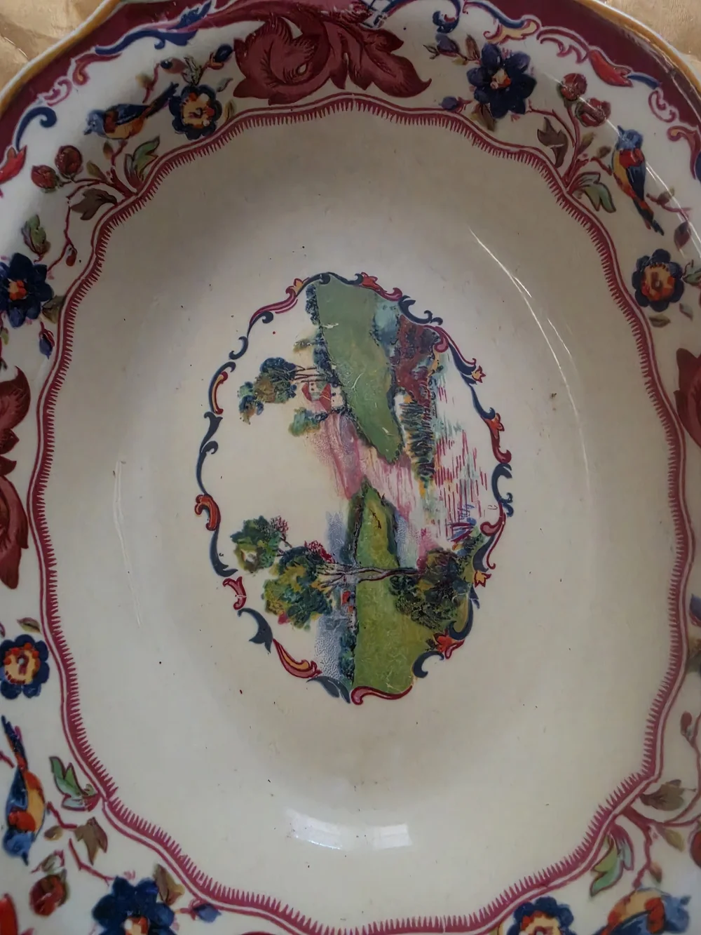 Hand-Painted Scenic Ceramic Serving Bowl in Red and Green